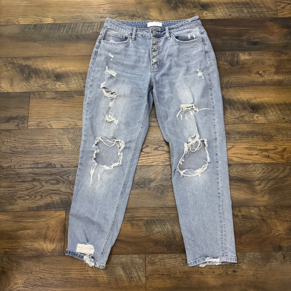 Vervet Blue Distressed Mom Jeans Womens 28 High Rise Button Fly Raw Hem